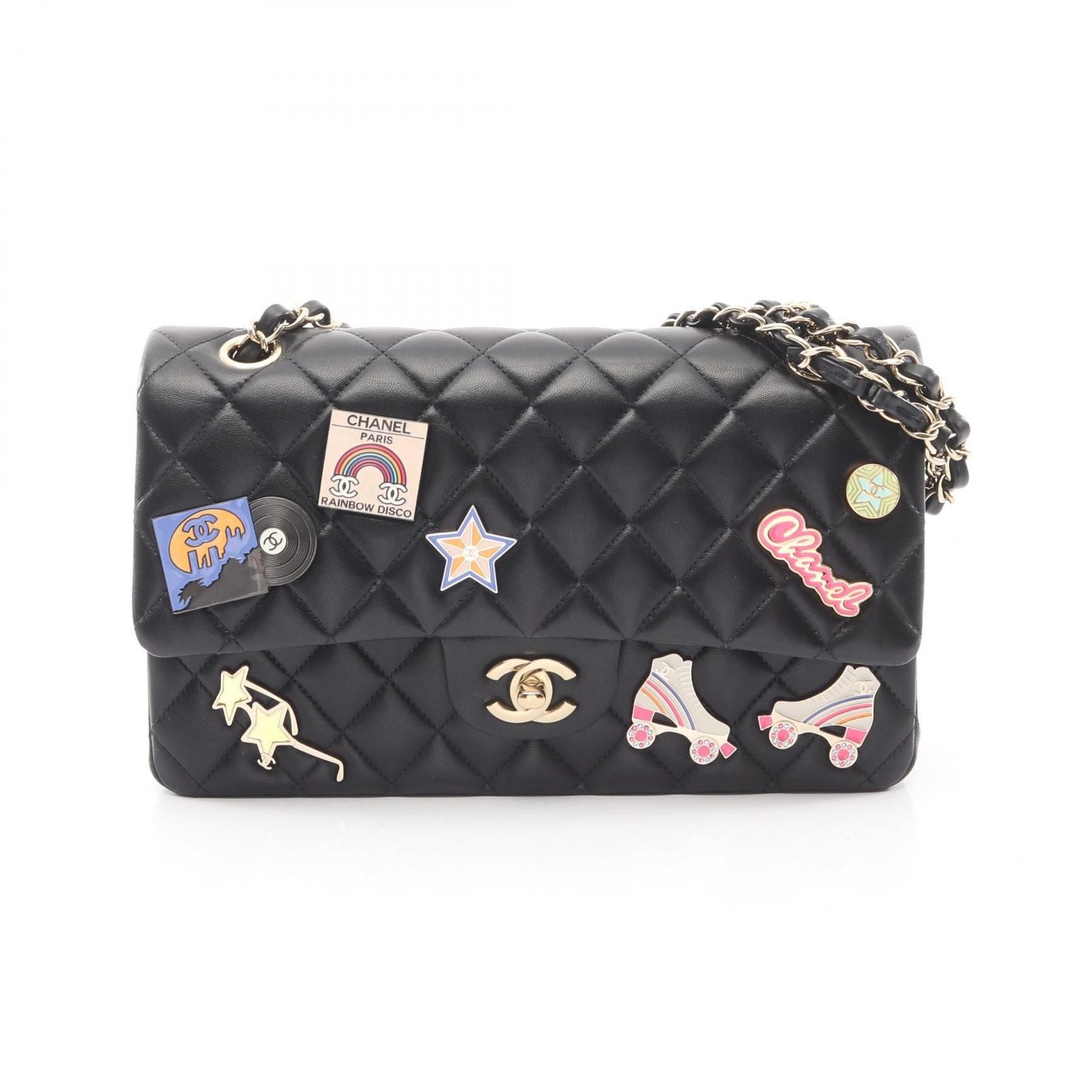 Chanel Shoulder Bag Quilted Double Flap Black Lambskin Chain