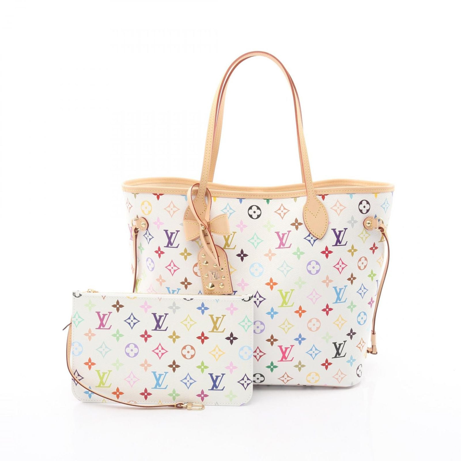 Louis Vuitton Tote LV TM Neverfull MM Monogram Multicolor Blanc Canvas Leather
