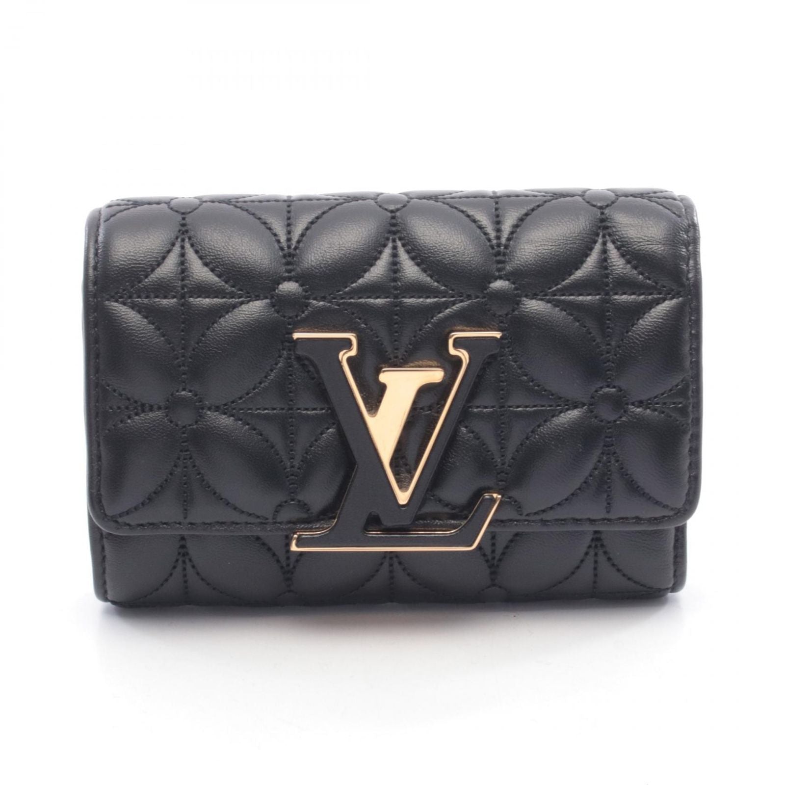Louis Vuitton Trifold Wallet Portefeuille Capucines Compact Flower Quilted Noir