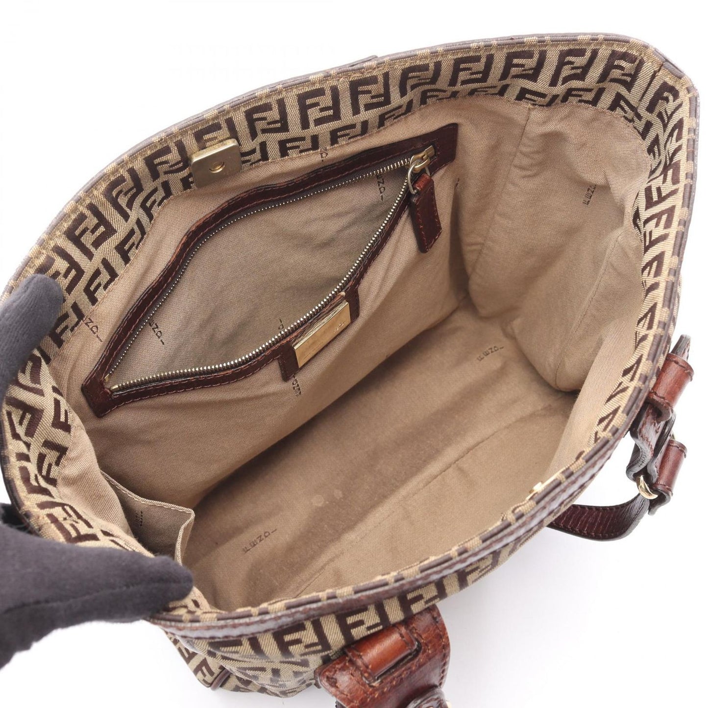 Fendi Tote Zucchino Beige Dark Brown Canvas Leather — view 3