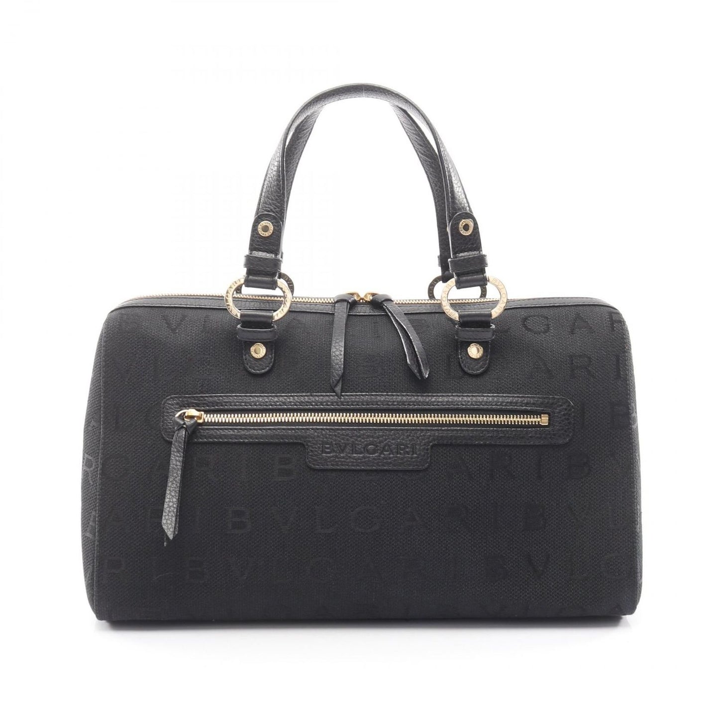 Bvlgari Tote Logo Mania Black Canvas Leather Boston Bag