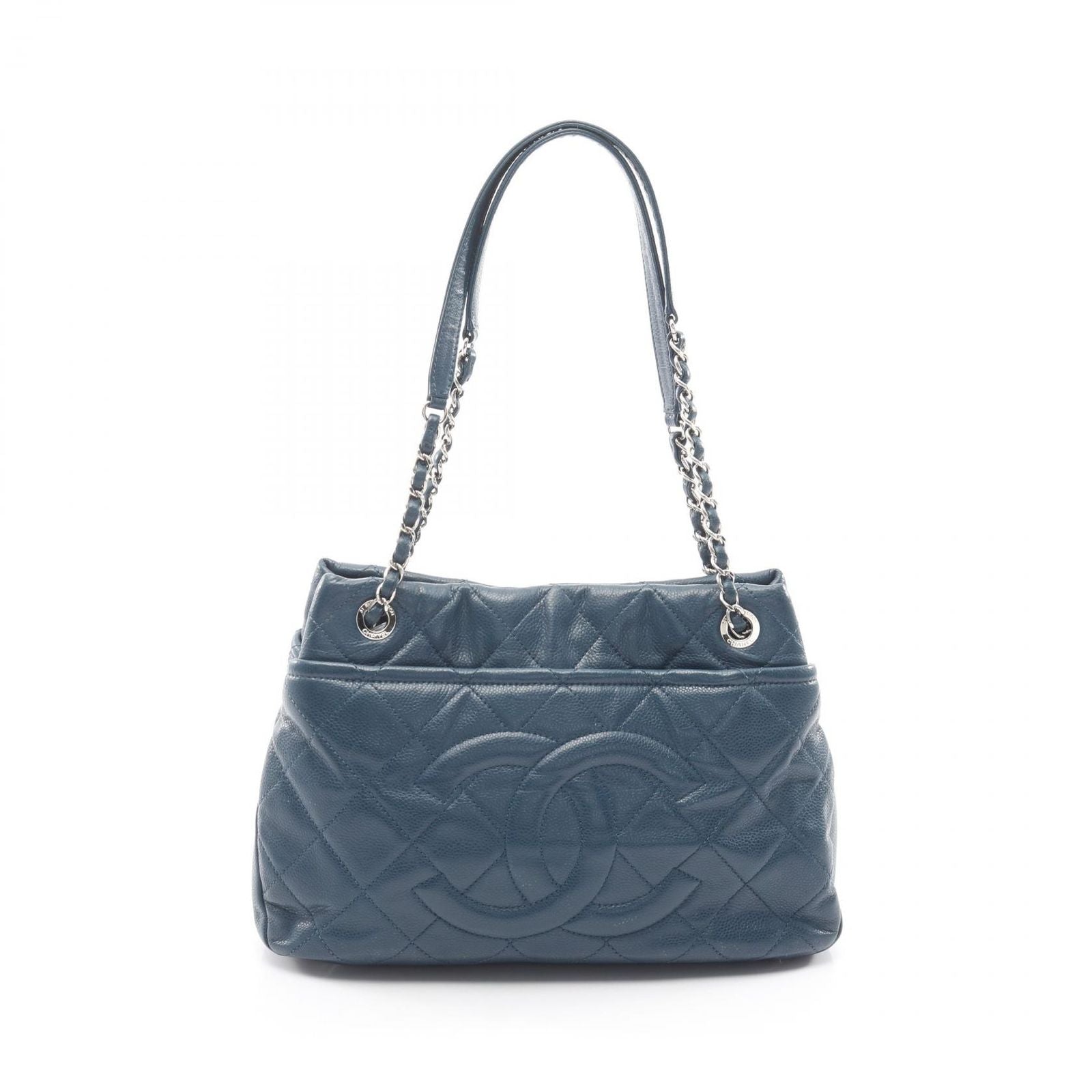 Chanel Tote Quilted Navy Caviar Leather Jumbo CC Logo Chain