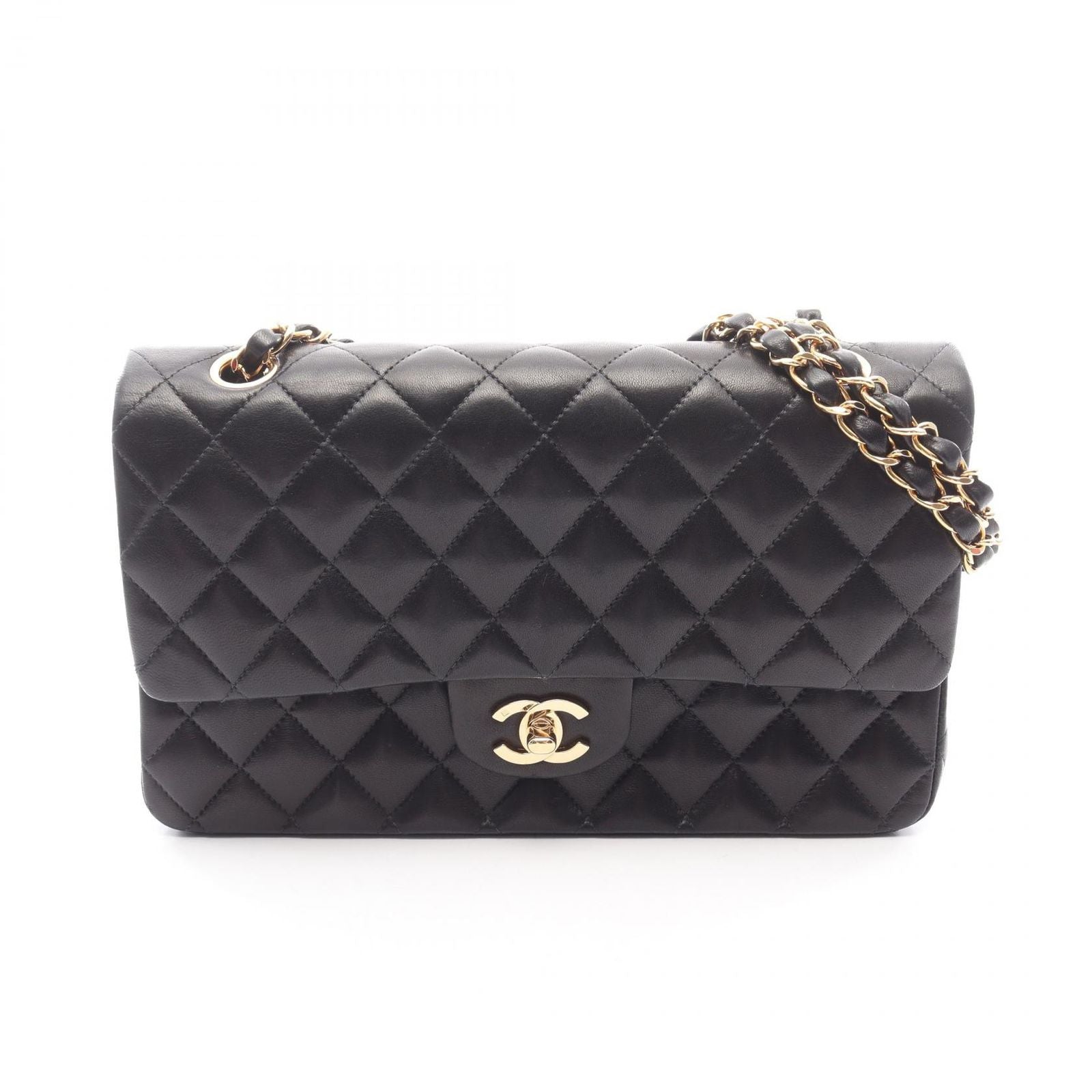 Chanel Shoulder Bag Quilted Double Flap Black Lambskin Chain