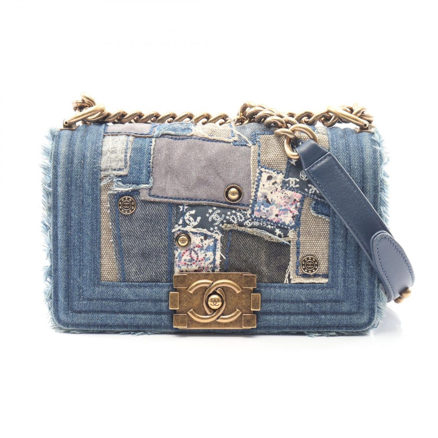 Chanel Shoulder Bag Small Patchwork Denim Blue Chain