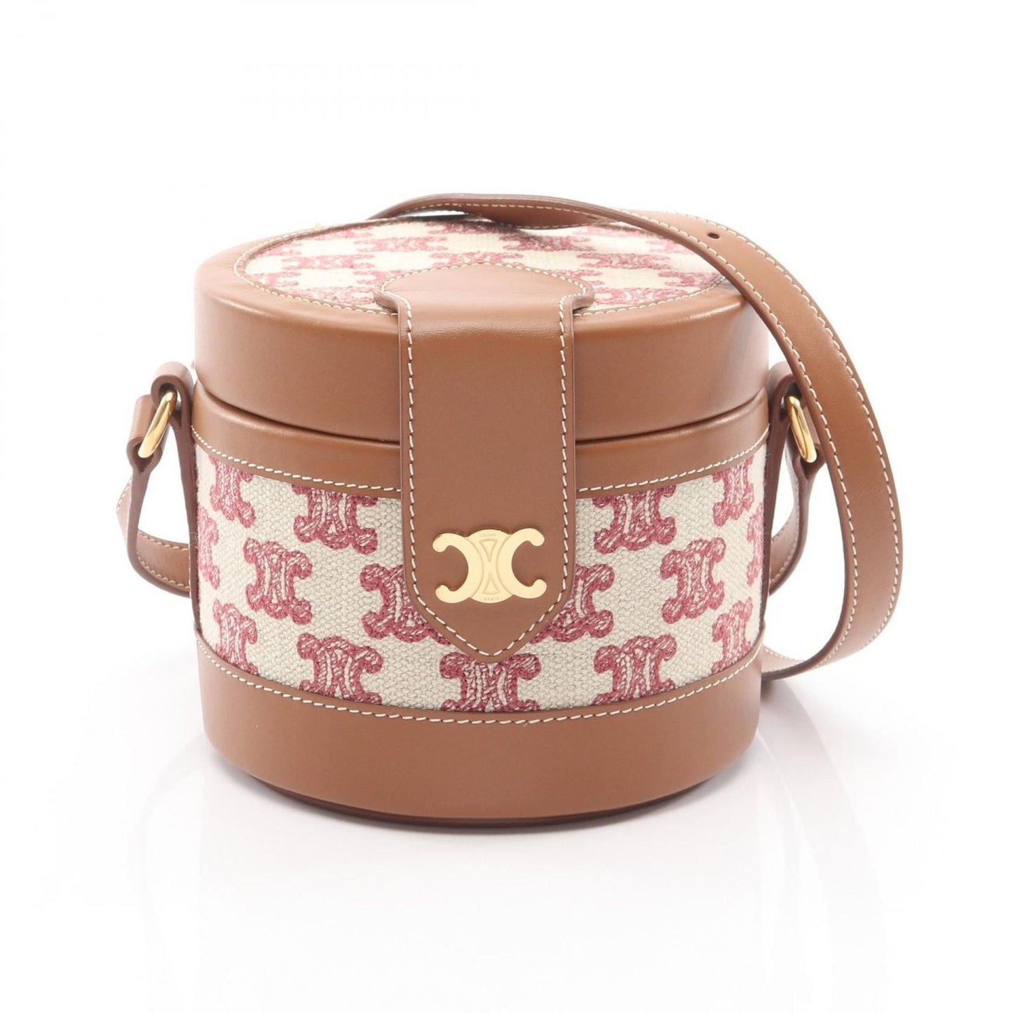 Celine Shoulder Bag Small Tambour Triomphe Red Beige Brown Canvas Leather