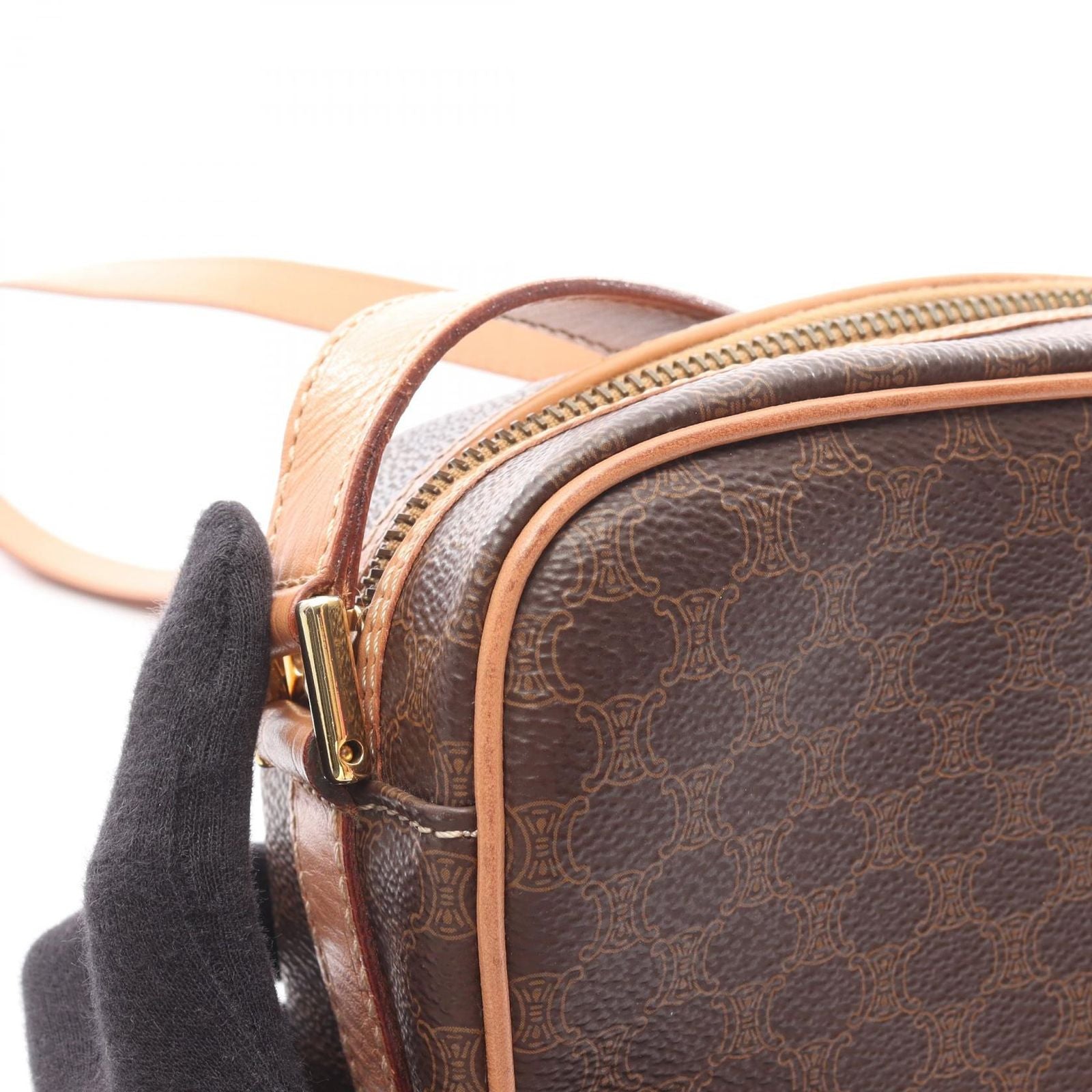 Celine Shoulder Bag Macadam Dark Brown Canvas Leather — view 8