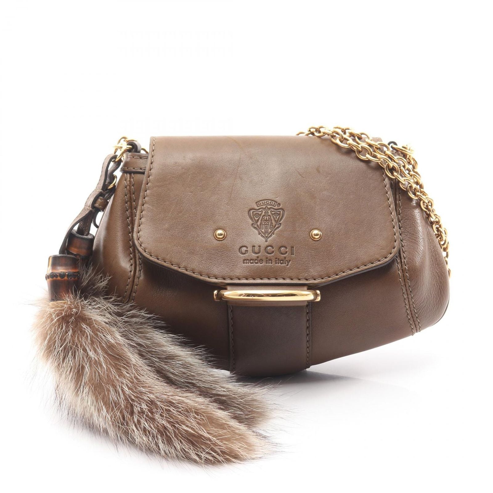 Gucci Shoulder Bag Bamboo Cles Brown Leather Chain