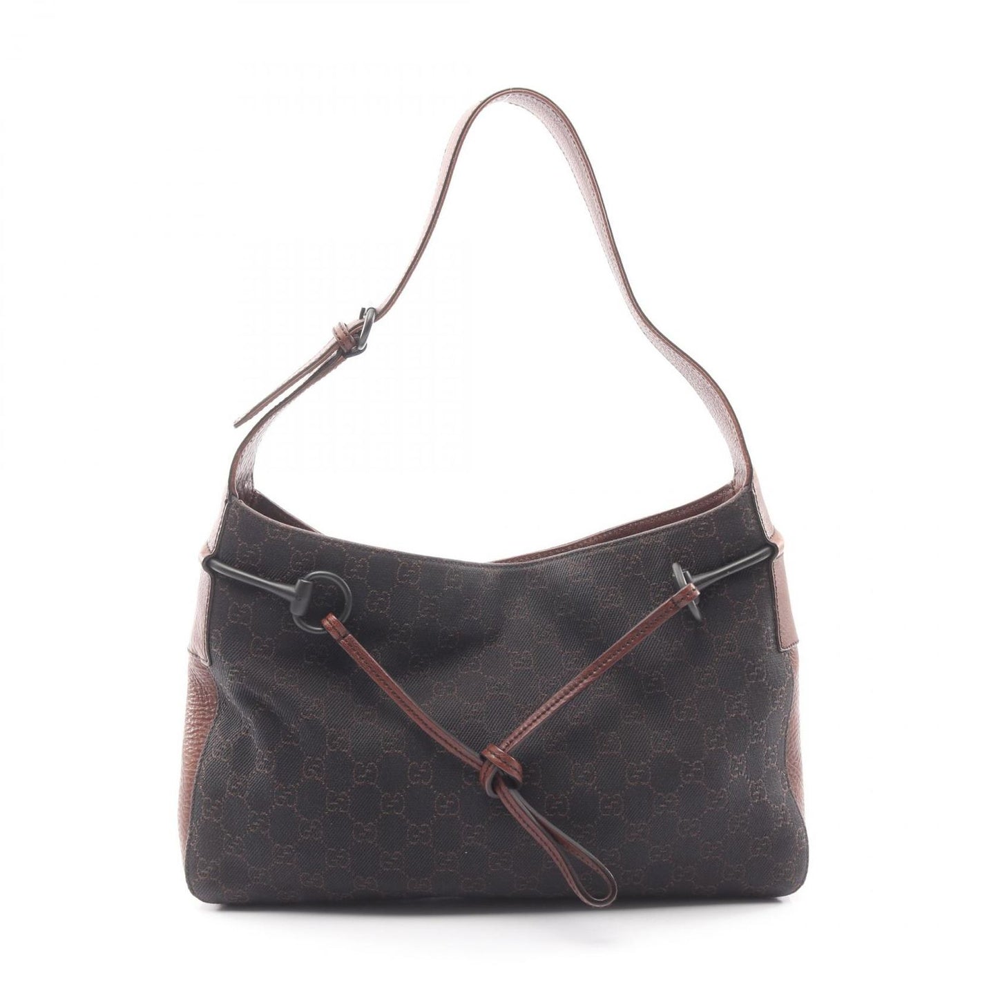 Gucci Shoulder Bag GG Pattern Dark Brown Black Canvas Leather Horsebit