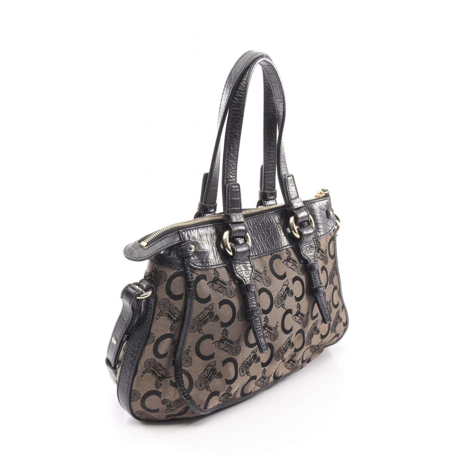 Celine Handbag Macadam Black Gold Canvas Leather Saluki 2-Way Hand — view 2
