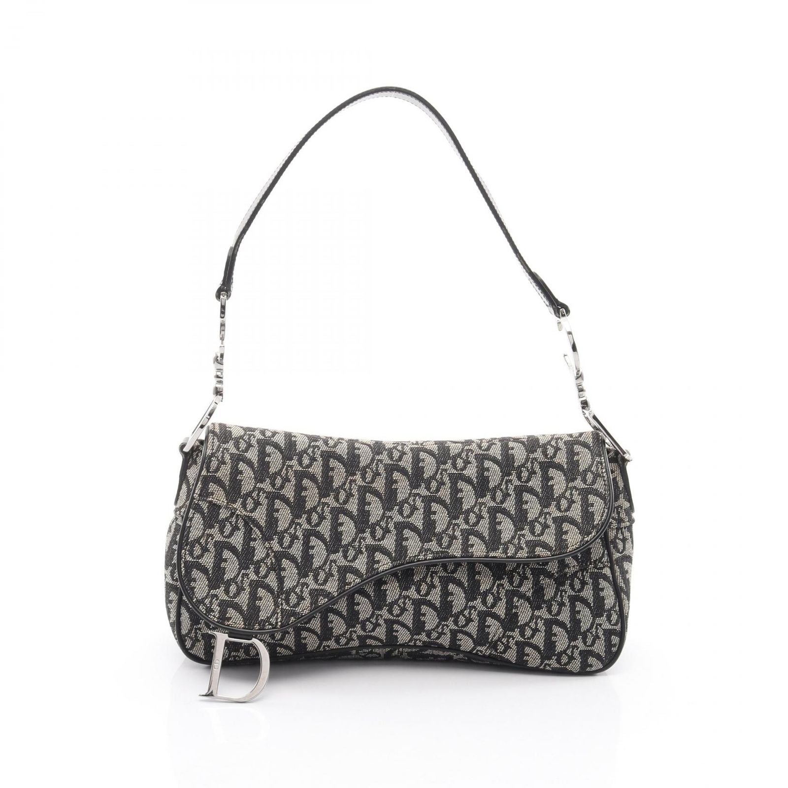 Dior Shoulder Bag Saddle Trotter Beige Navy Canvas Leather Oblique