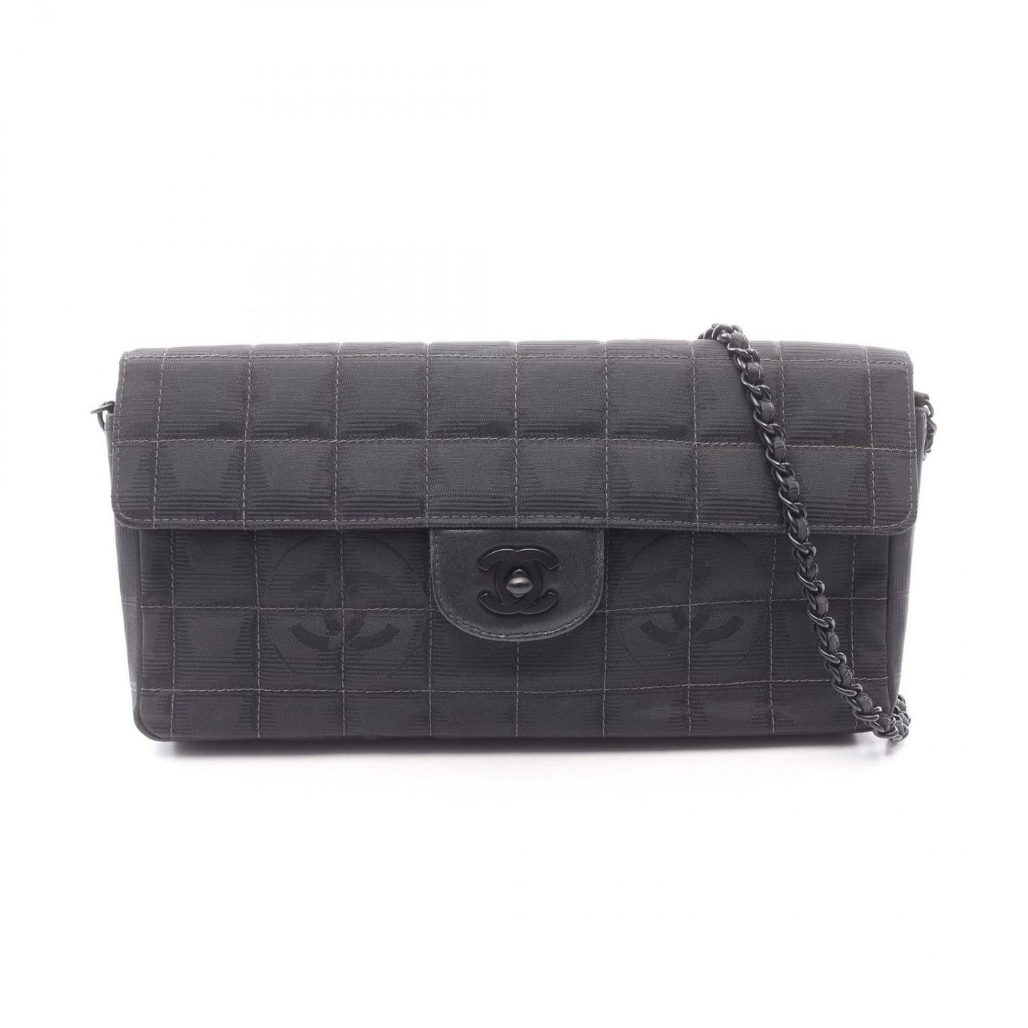 Chanel Shoulder Bag New Travel Line Choco Bar Black Leather New Platinum