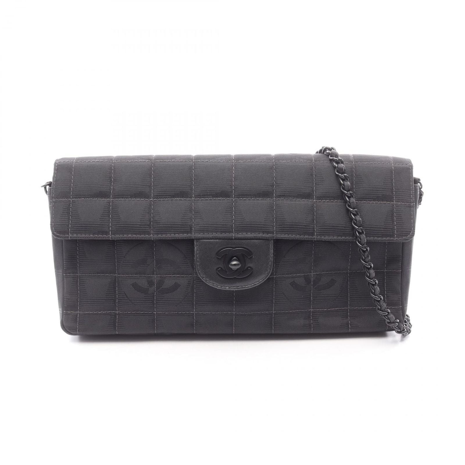 Chanel Shoulder Bag New Travel Line Choco Bar Black Leather New Platinum