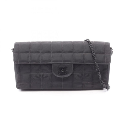 Chanel Shoulder Bag New Travel Line Choco Bar Black Leather New Platinum