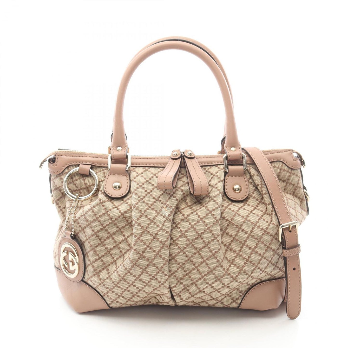 Gucci Handbag Ski Diamante 2-Way Beige Pink Canvas Leather