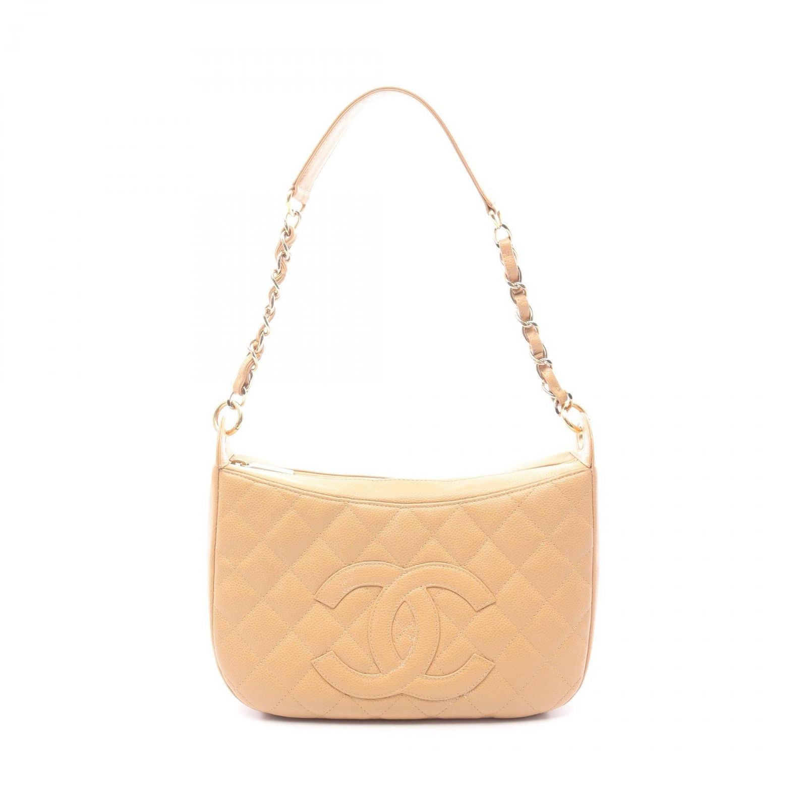 Chanel Shoulder Bag Quilted Beige Caviar Leather CC Logo