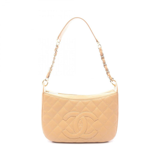 Chanel Shoulder Bag Quilted Beige Caviar Leather CC Logo