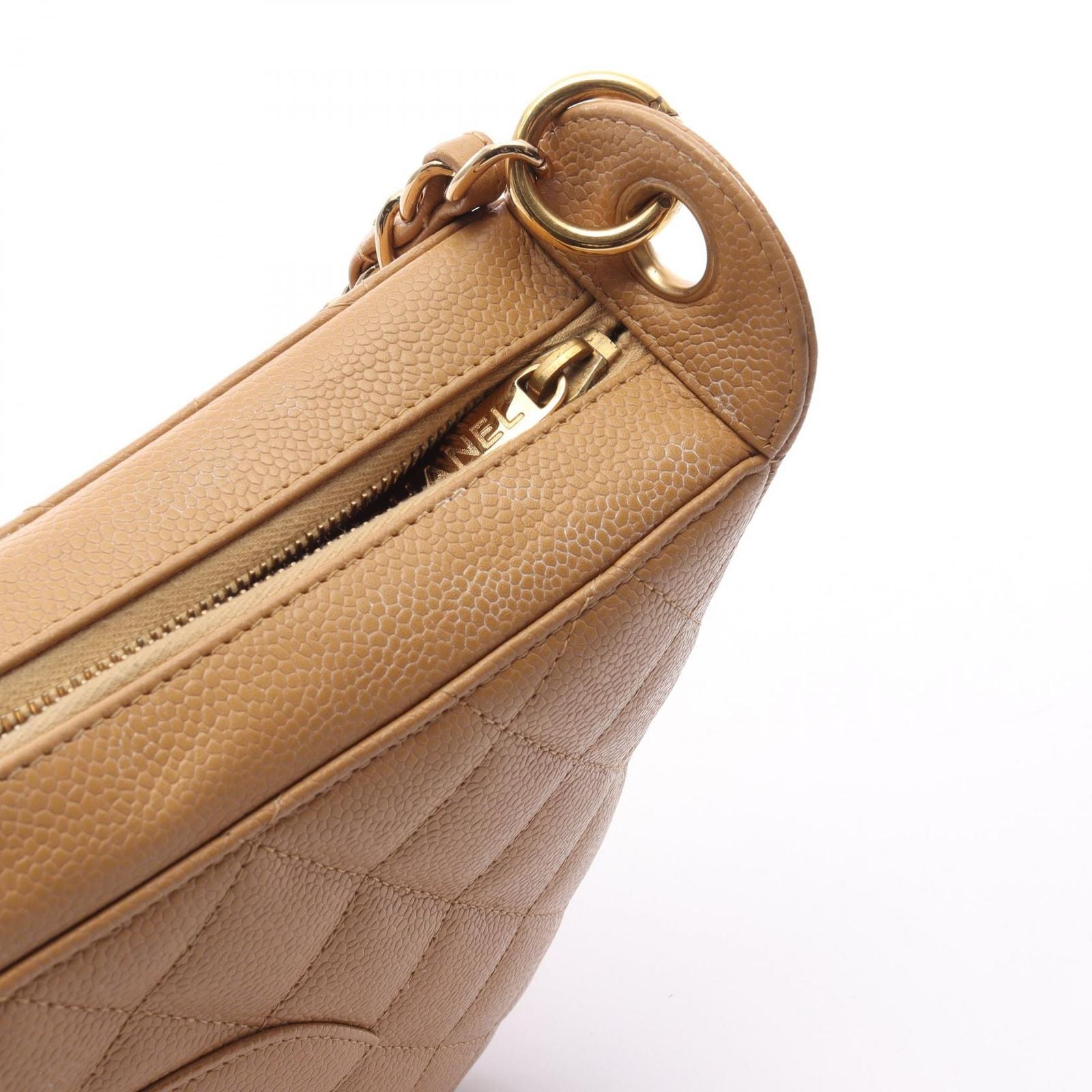 Chanel Shoulder Bag Quilted Beige Caviar Leather CC Logo — view 8