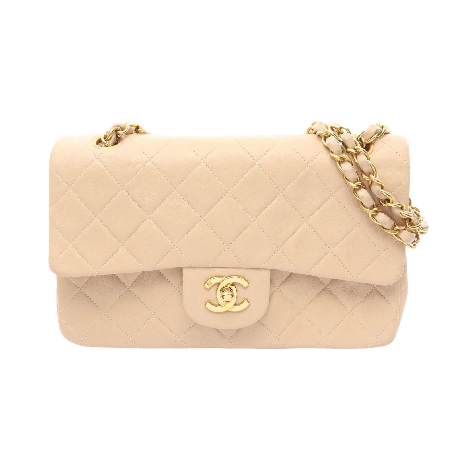 Chanel Shoulder Bag Quilted Double Flap Beige Lambskin Chain