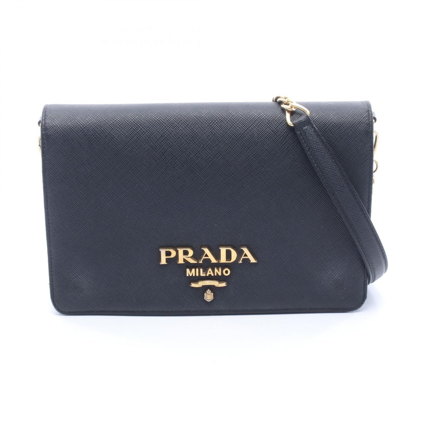 Prada Shoulder Bag Black Leather Logo Chain