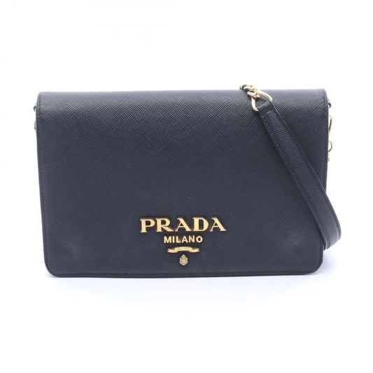 Prada Shoulder Bag Black Leather Logo Chain
