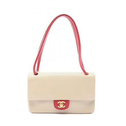 Chanel Shoulder Bag CC Logo Perforated Beige Red Leather Turnlock