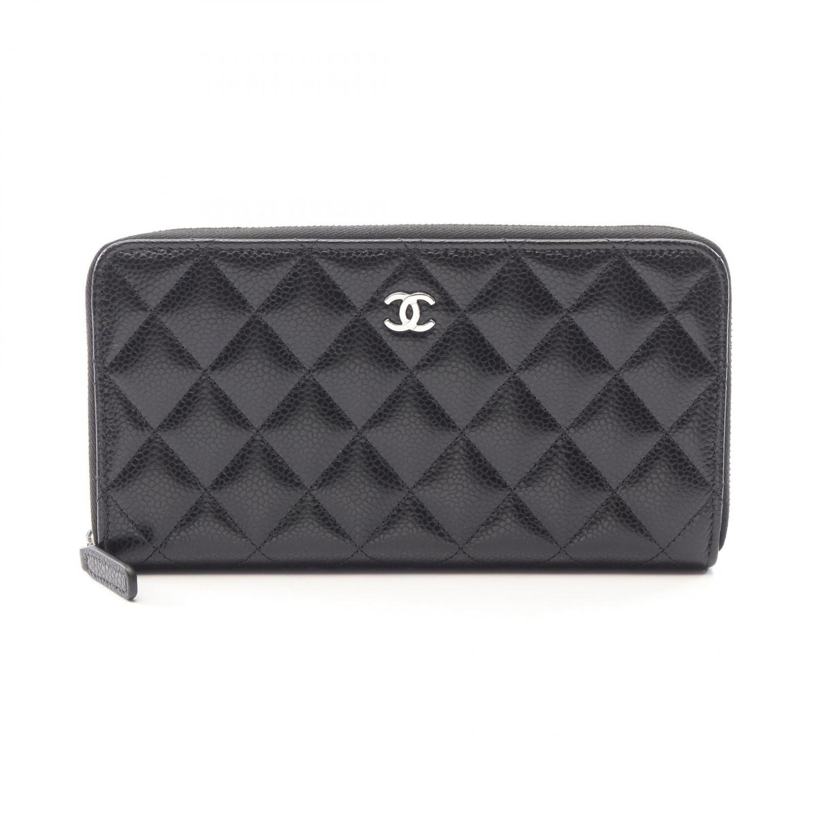 Chanel Round Wallet Classic Long Zip Quilted Black Caviar Leather