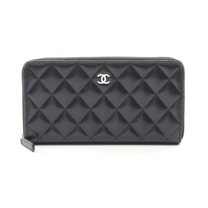 Chanel Round Wallet Classic Long Zip Quilted Black Caviar Leather