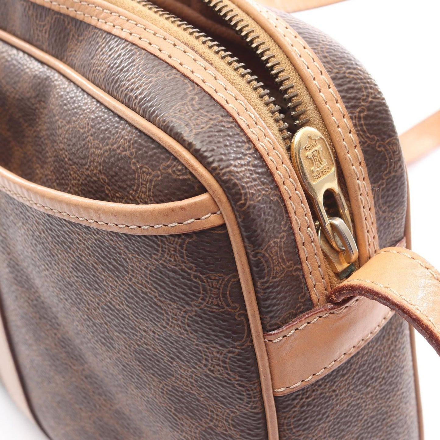 Celine Shoulder Bag Macadam Dark Brown Canvas Leather — view 8