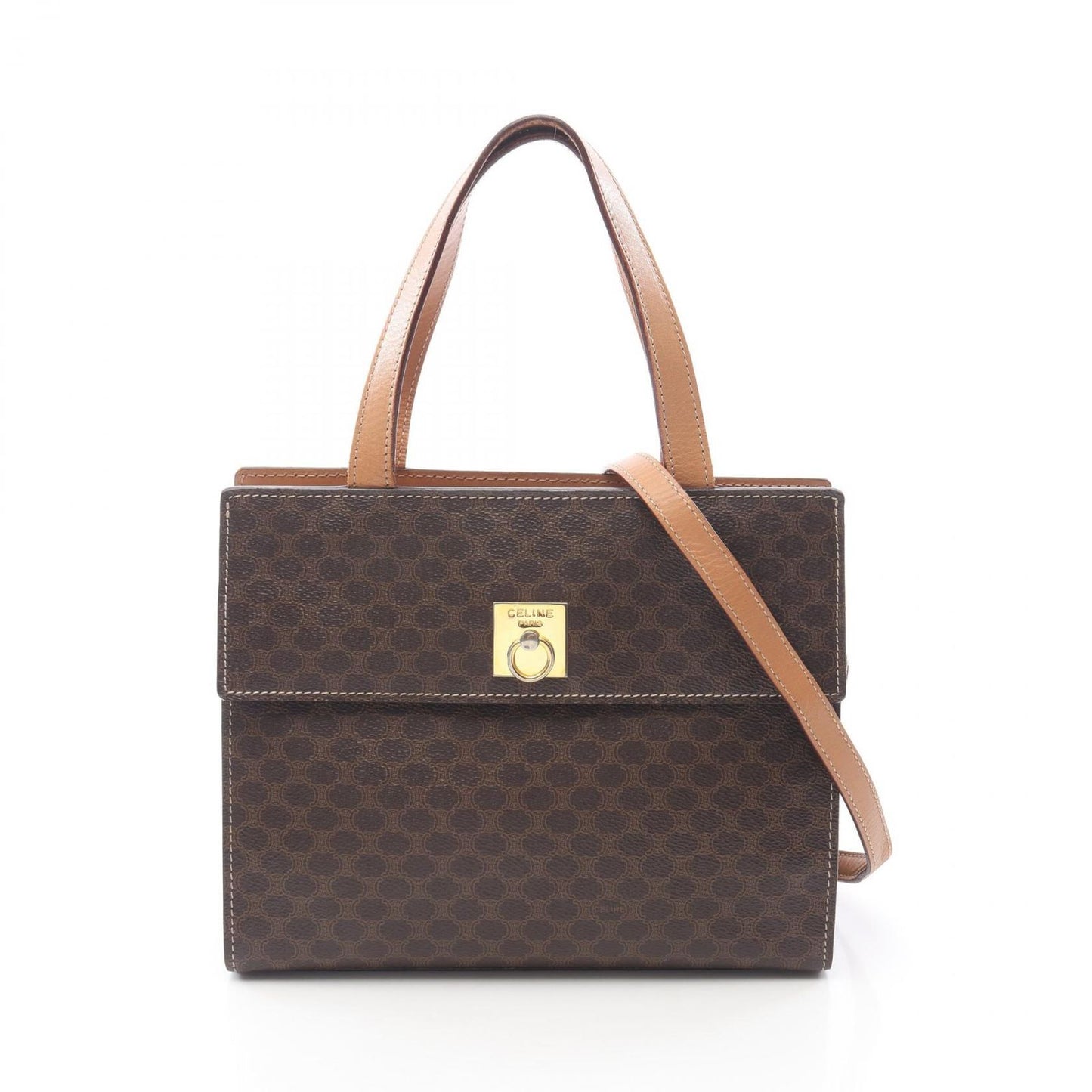 Celine Handbag Macadam Dark Brown Canvas Leather 2-Way Shoulder