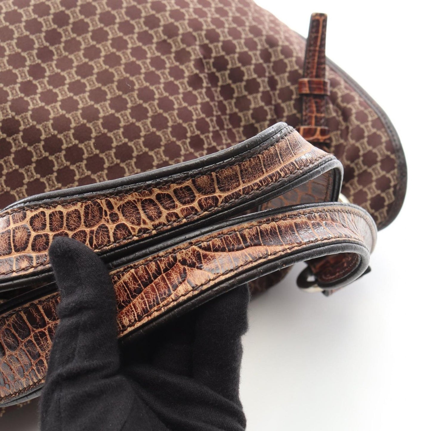 Celine Handbag Bittersweet Macadam Croco Embossed Brown Canvas Leather — view 8