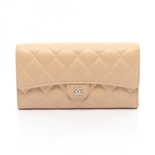 Chanel Bifold Wallet Classic Long Flap Quilted Beige Caviar Leather