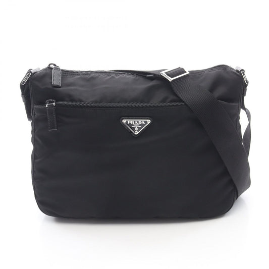 Prada Shoulder Bag Vela Black Nylon Saffiano Leather Triangle Logo