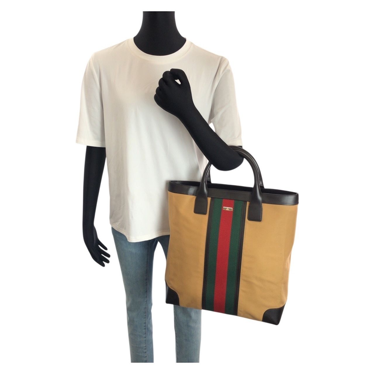 Gucci Sherry Line Beige Gold Canvas Leather 002 Tote — view 7