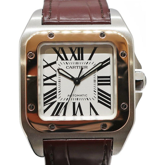 Cartier Ten Finished Santos 100 mm SS PG Leather Silver Automatic Watch