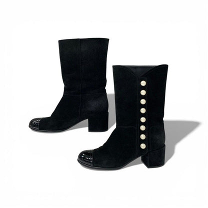 Chanel Boots Long Shoes Suede Patent Black CC Logo Pearl Snap Button Middle — view 3