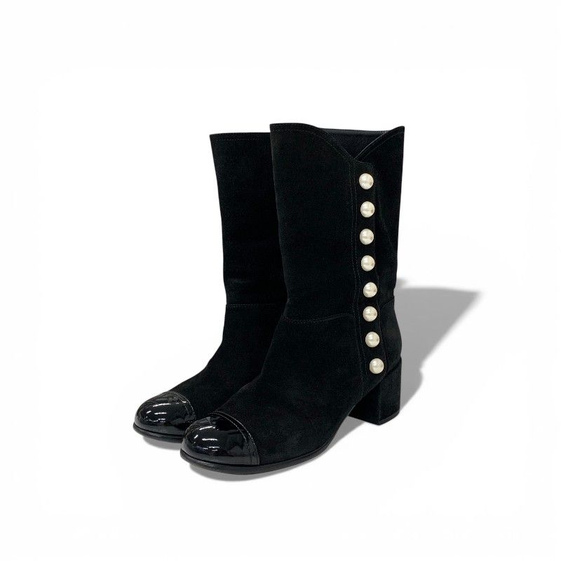 Chanel Boots Long Shoes Suede Patent Black CC Logo Pearl Snap Button Middle