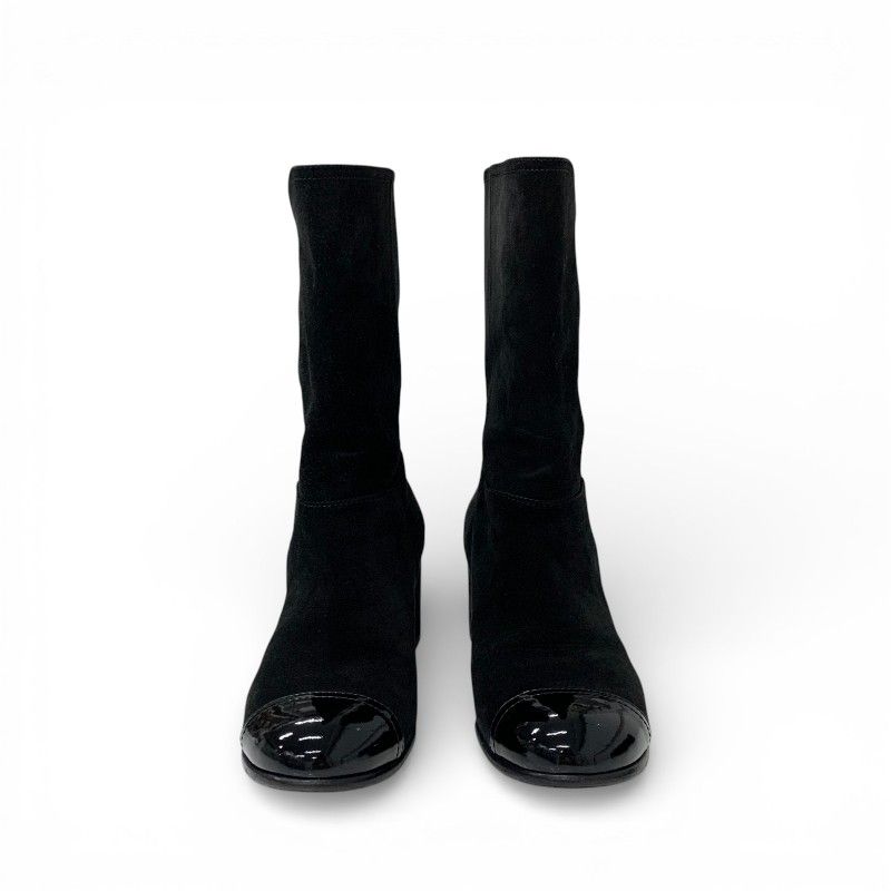 Chanel Boots Long Shoes Suede Patent Black CC Logo Pearl Snap Button Middle — view 2
