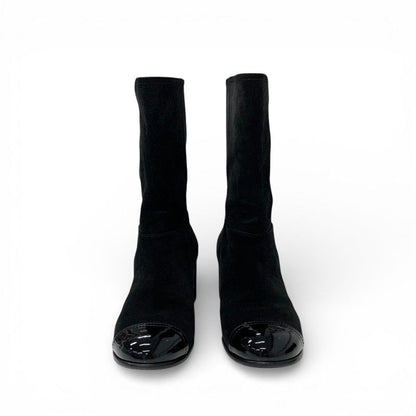 Chanel Boots Long Shoes Suede Patent Black CC Logo Pearl Snap Button Middle — view 2