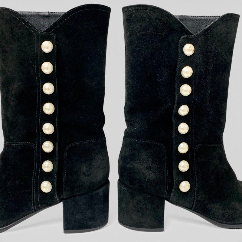 Chanel Boots Long Shoes Suede Patent Black CC Logo Pearl Snap Button Middle — view 9