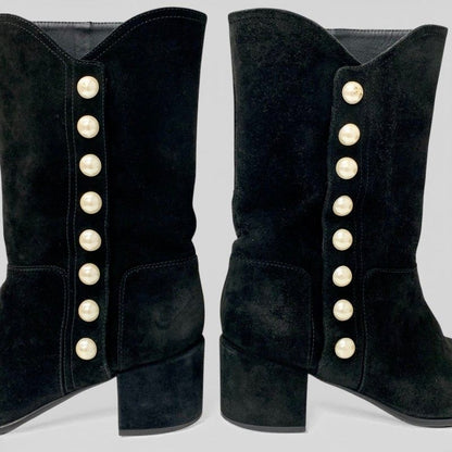 Chanel Boots Long Shoes Suede Patent Black CC Logo Pearl Snap Button Middle — view 9