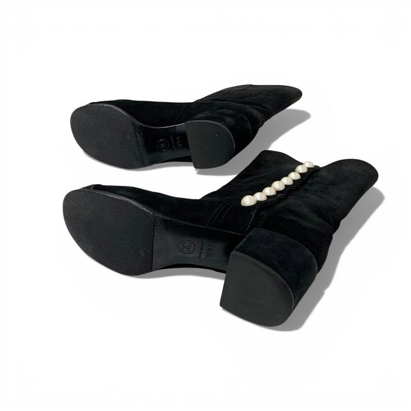 Chanel Boots Long Shoes Suede Patent Black CC Logo Pearl Snap Button Middle — view 6