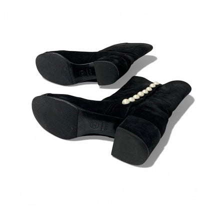 Chanel Boots Long Shoes Suede Patent Black CC Logo Pearl Snap Button Middle — view 6