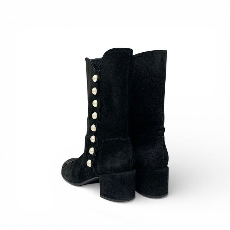 Chanel Boots Long Shoes Suede Patent Black CC Logo Pearl Snap Button Middle — view 4