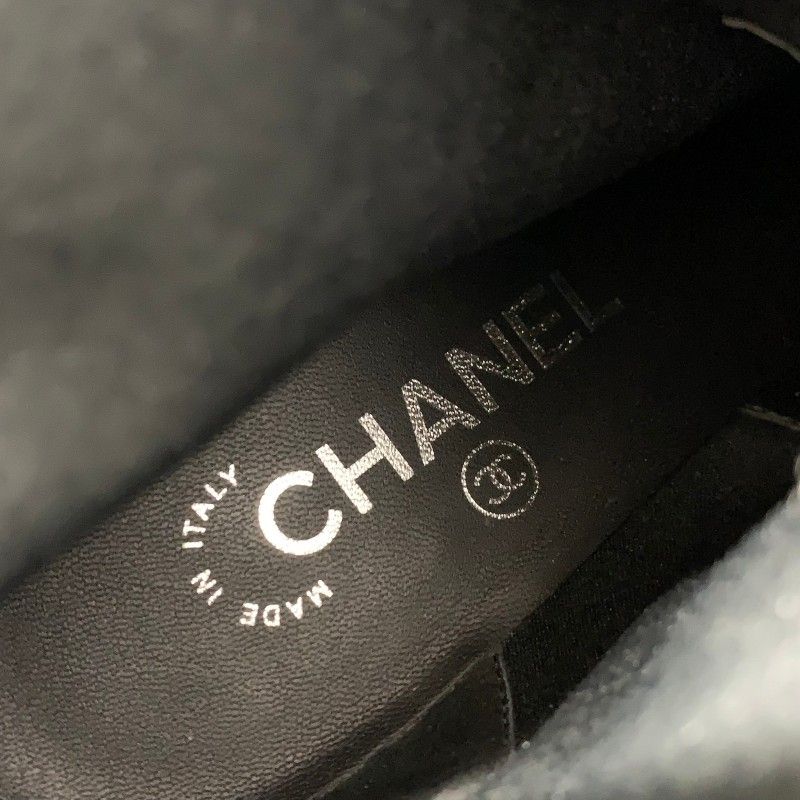 Chanel Boots Short Shoes Patent Fabric Black White Camellia Ribbon CC Logo — view 7