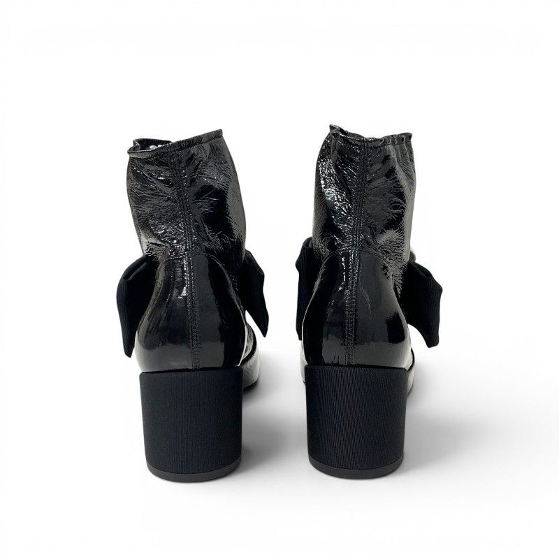 Chanel Boots Short Shoes Patent Fabric Black White Camellia Ribbon CC Logo — view 5