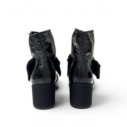 Chanel Boots Short Shoes Patent Fabric Black White Camellia Ribbon CC Logo — view 5