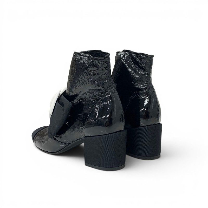 Chanel Boots Short Shoes Patent Fabric Black White Camellia Ribbon CC Logo — view 4