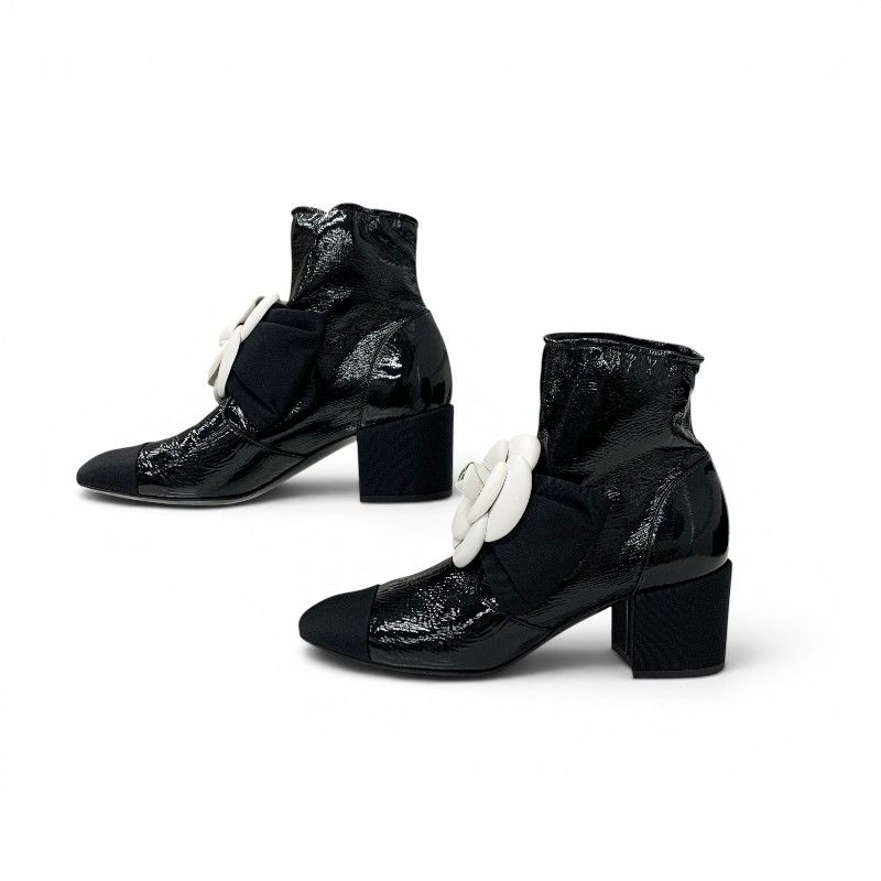 Chanel Boots Short Shoes Patent Fabric Black White Camellia Ribbon CC Logo — view 3