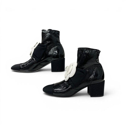 Chanel Boots Short Shoes Patent Fabric Black White Camellia Ribbon CC Logo — view 3