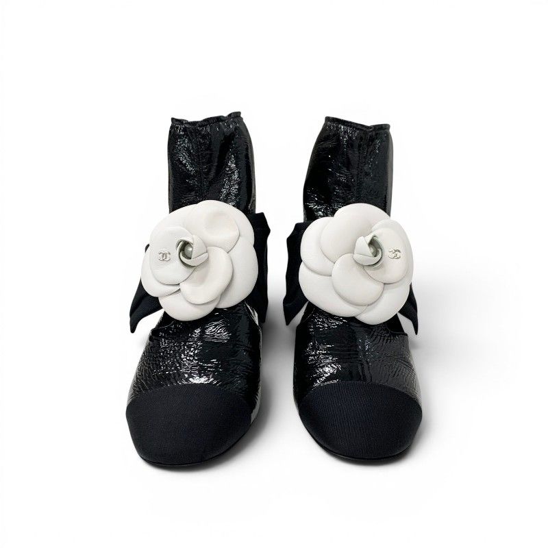 Chanel Boots Short Shoes Patent Fabric Black White Camellia Ribbon CC Logo — view 2
